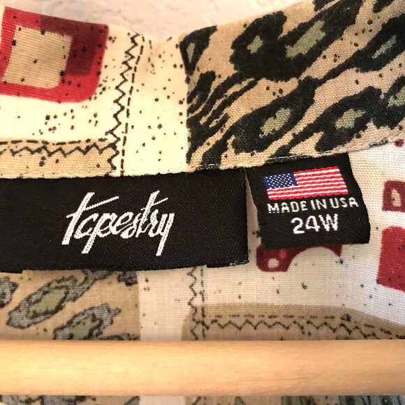 Tapestry Patchwork Print Button-Down Top: 80s Brown Red Leaf Print, Plus Size 24 - Picture 4 of 8